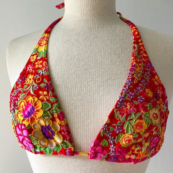 Large "Elements" Embroidered Red Triangle Bikini Top, Made in Brazil - Picture 1 of 9